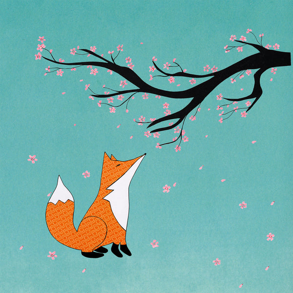 Fox and Cherry Blossoms Greetings Card