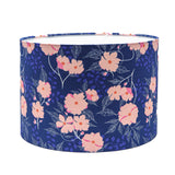 Dark blue cotton lampshade with bright images of soft pink flowers. Great addition to bedroom, living room, kitchen, landing or lamp.